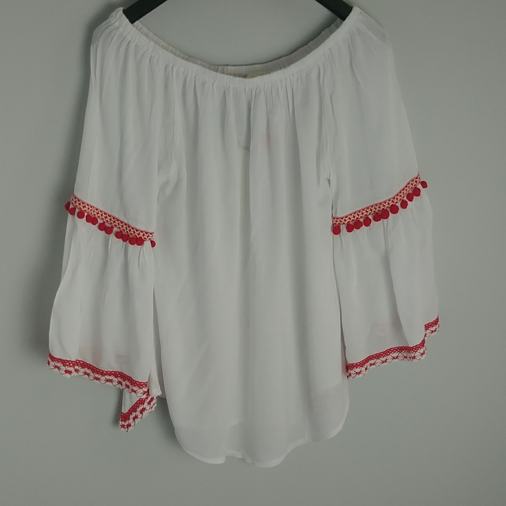 Solitaire Bohemian Peasant Blouse With Bell Sleeves And  Little Red PomPoms